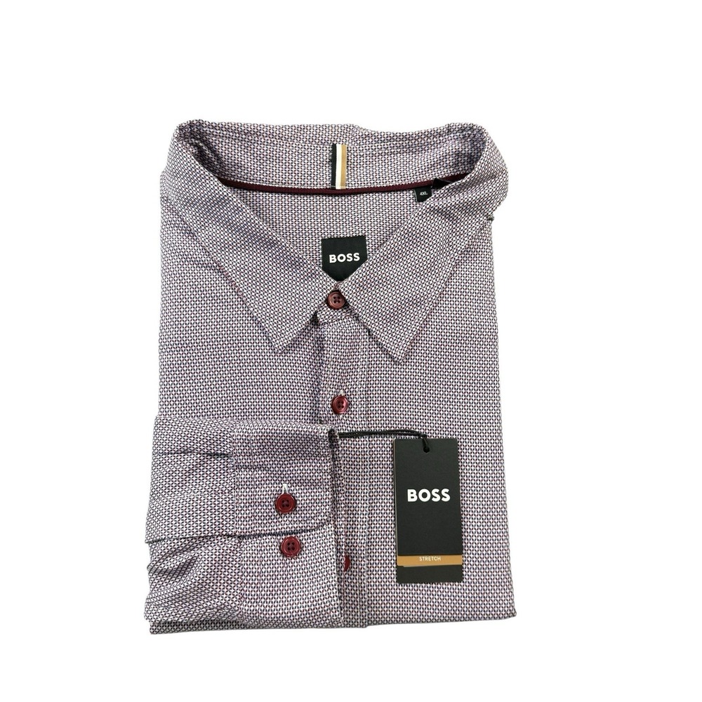 Hugo Boss S-LIAM-Kent-C1-BT Red Blue Stretch Pattern Button Front Shirt 4XL NWT
